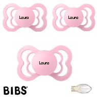 BIBS Supreme Sutter med navn str2, 3 Baby Pink, Symmetrisk Silikone, Pakke med 3 sutter